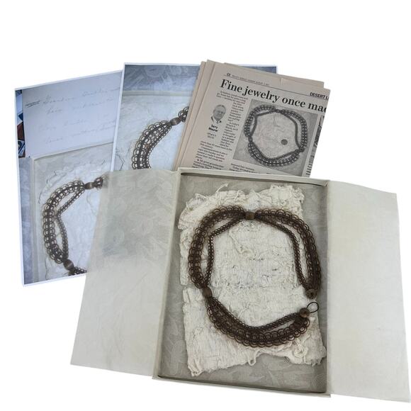 Antique 1800s Woven Human Hair Necklace 14" Long Ornate Dual Band Weave w/ Beads - Picture 1 of 6